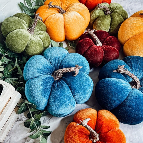 Velvet Pumpkins - Plush Fall Tabletop Decor, Mini Velvet Pumpkins for Mantel