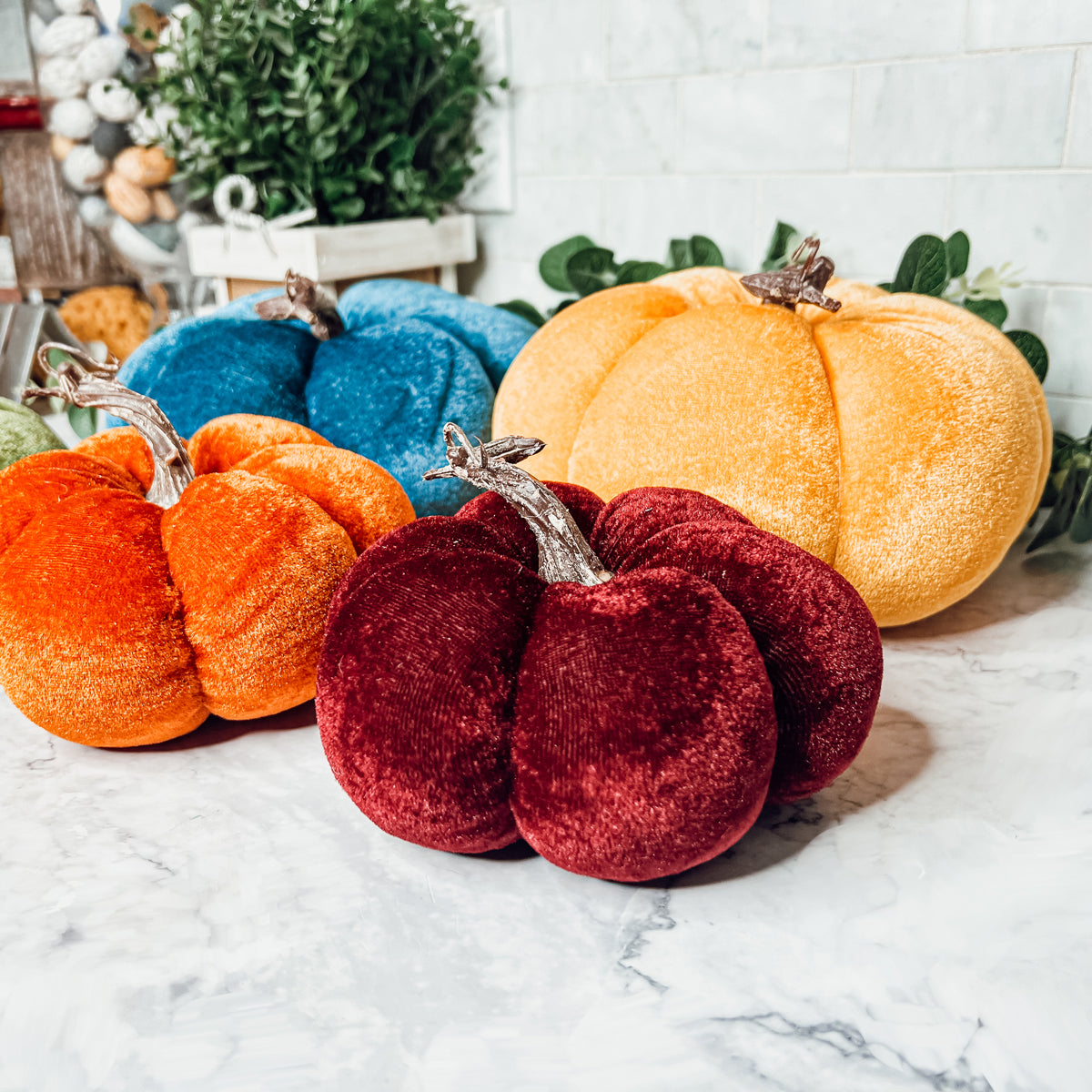 Velvet Pumpkins - Plush Fall Tabletop Decor, Mini Velvet Pumpkins for Mantel