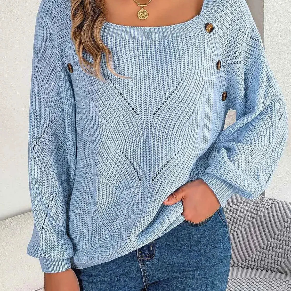 Openwork Buttoned Square Neck Sweater