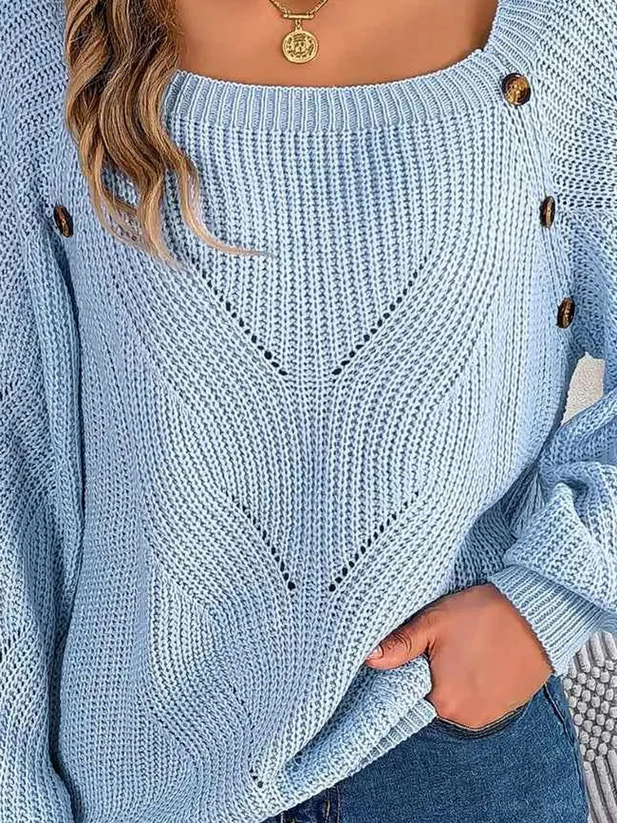 Openwork Buttoned Square Neck Sweater