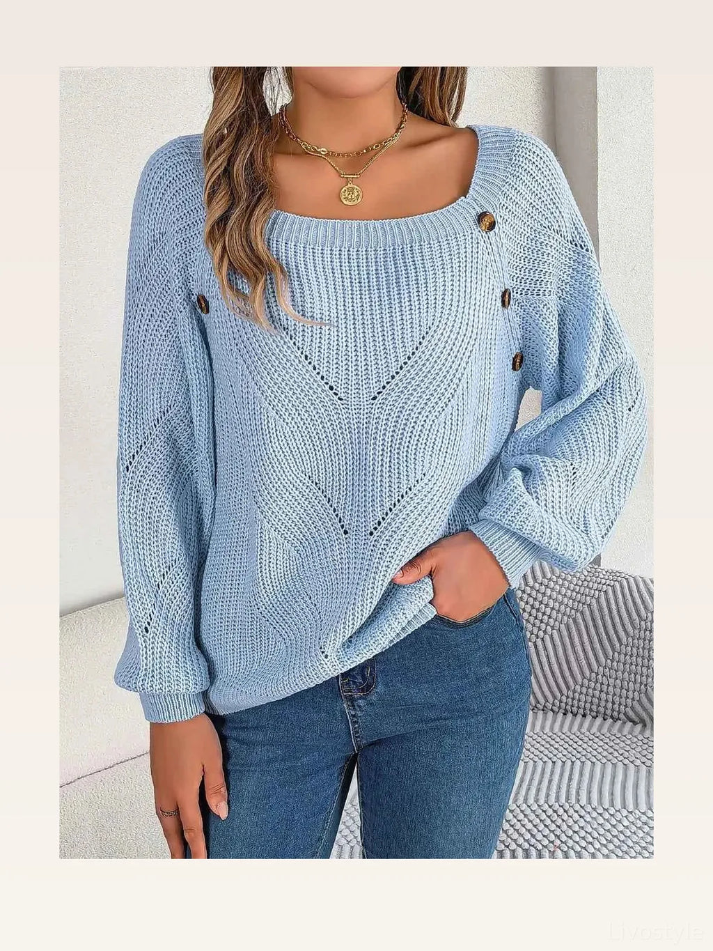 Openwork Buttoned Square Neck Sweater