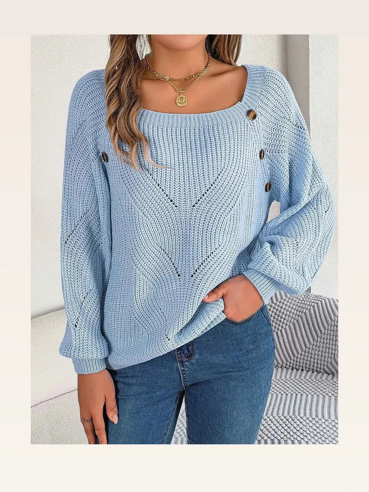 Openwork Buttoned Square Neck Sweater