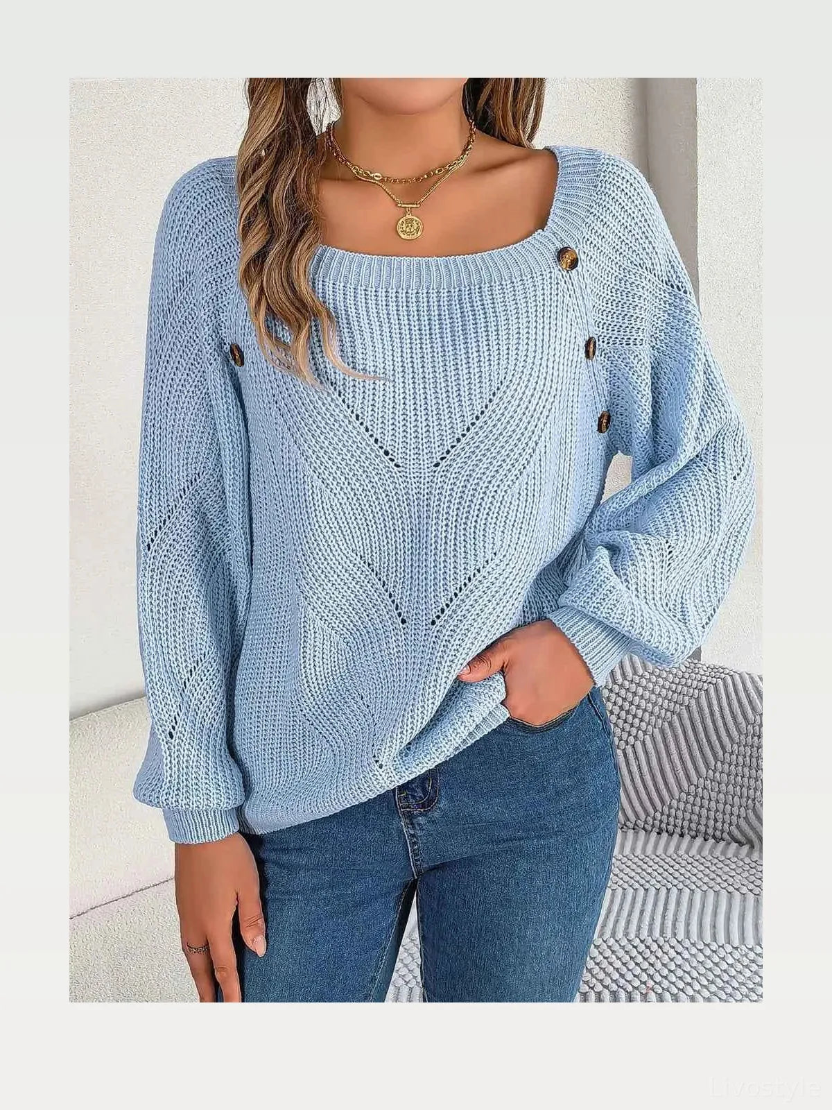 Openwork Buttoned Square Neck Sweater