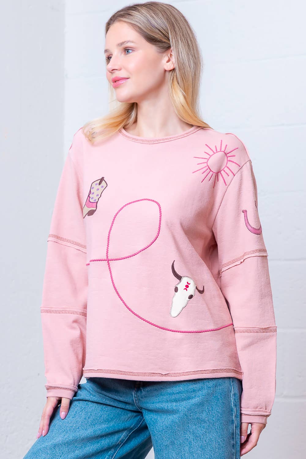 Taelynn "Outlaw" Western Embroidered Long-Sleeve Top — Soft Mauve Boat Neck with Exposed Seams
