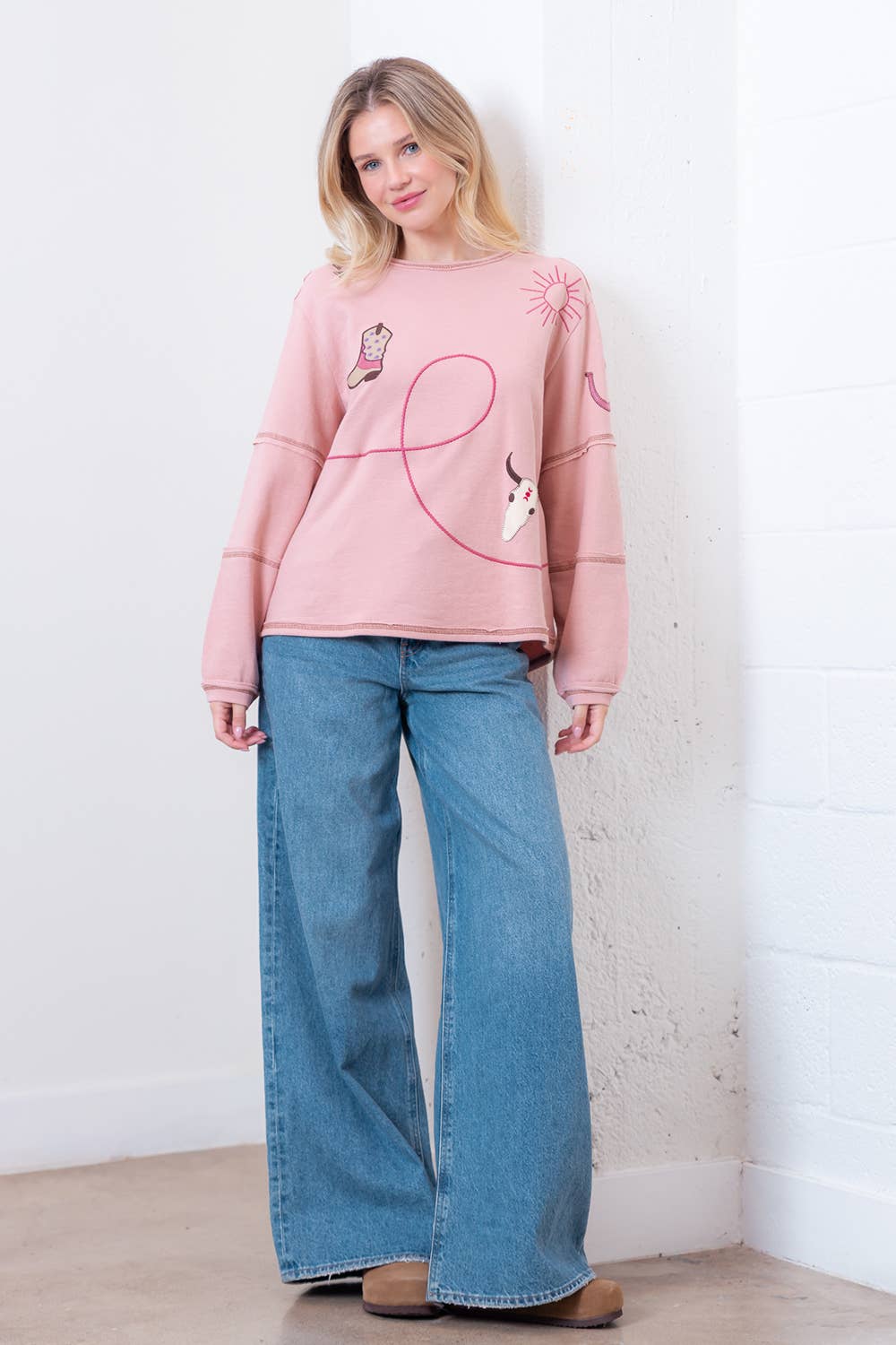 Taelynn "Outlaw" Western Embroidered Long-Sleeve Top — Soft Mauve Boat Neck with Exposed Seams