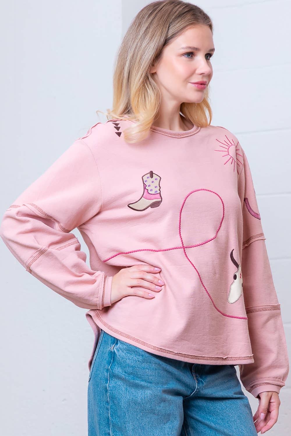Taelynn "Outlaw" Western Embroidered Long-Sleeve Top — Soft Mauve Boat Neck with Exposed Seams