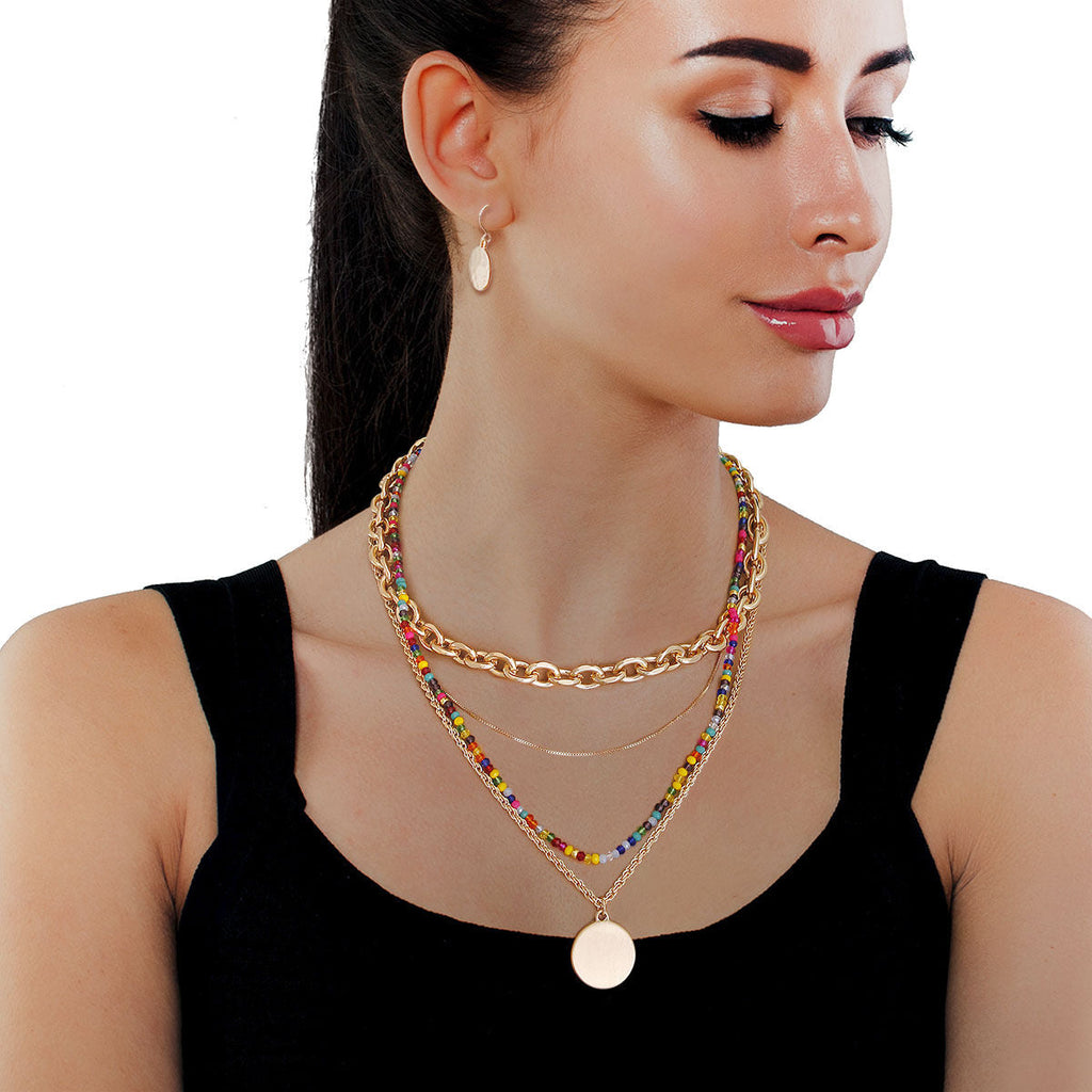 Layered 4 Strand Chain and Bead Necklace – Stylish Statement Jewelry