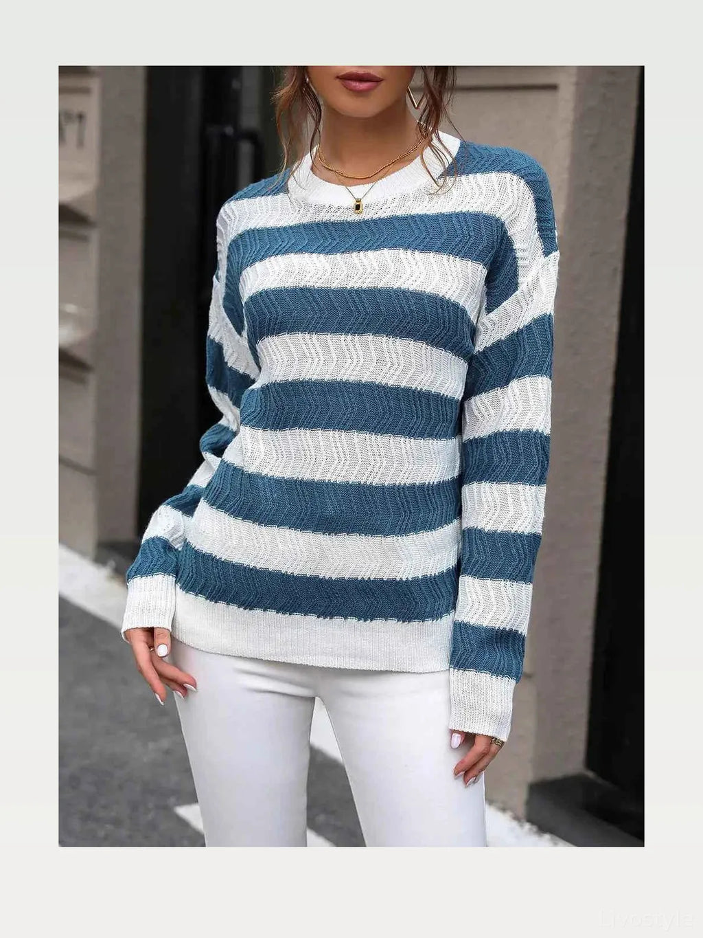 Striped Round Neck Dropped Shoulder Sweater