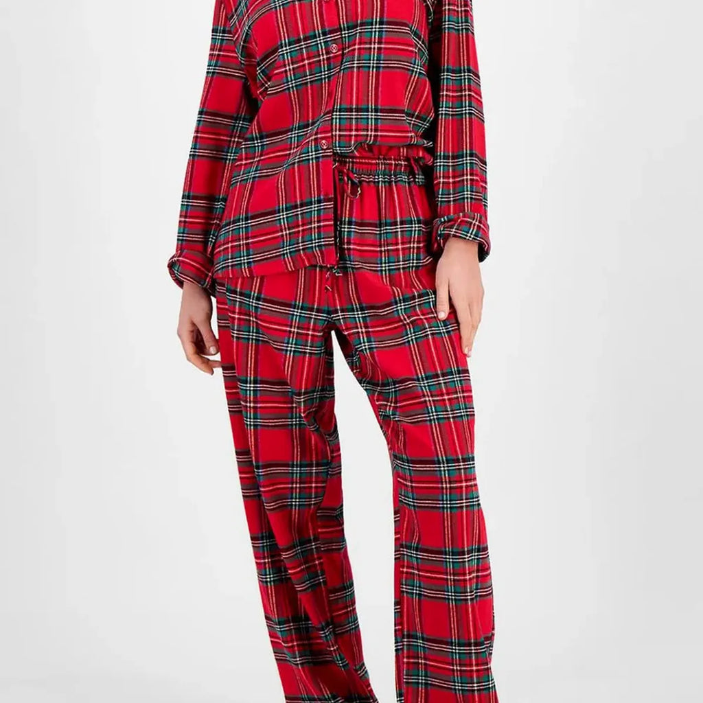 Plaid Collared Neck Button Up Top and Pants Lounge Set