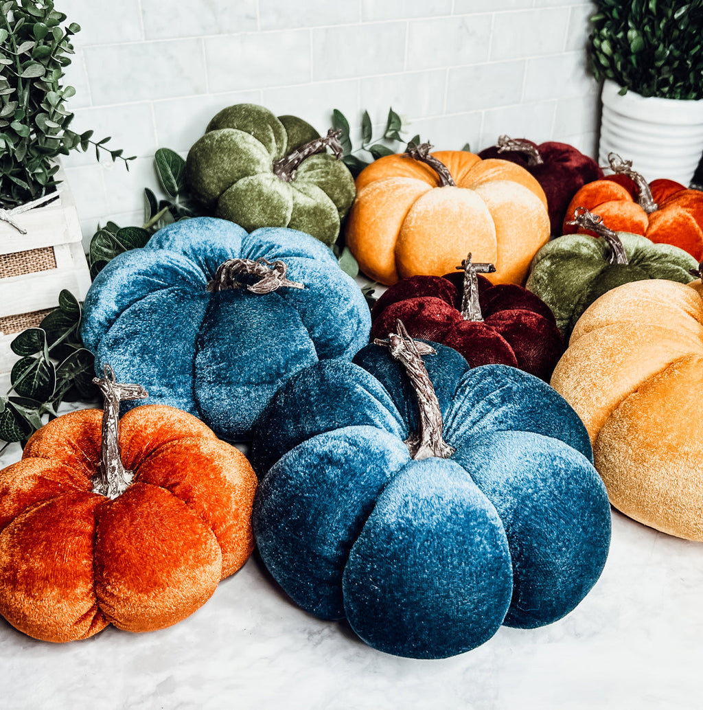Velvet Pumpkins - Plush Fall Tabletop Decor, Mini Velvet Pumpkins for Mantel