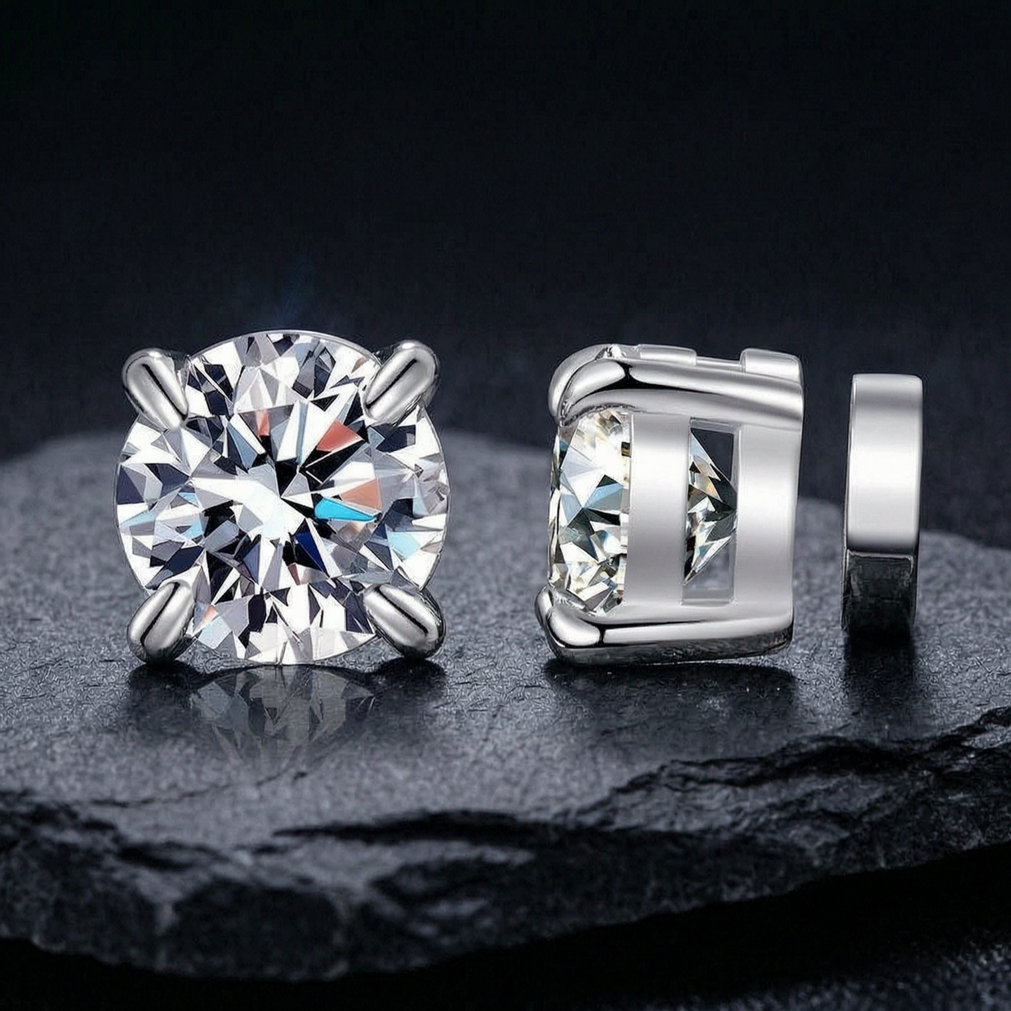 S925 Magnetic Moissanite / CZ Stud Earrings for Men Women, 1ct 6.5mm 4-Prong Round Cut, Inlaid Magnetic Earrings Non-Piercing Clip On Stud Earring