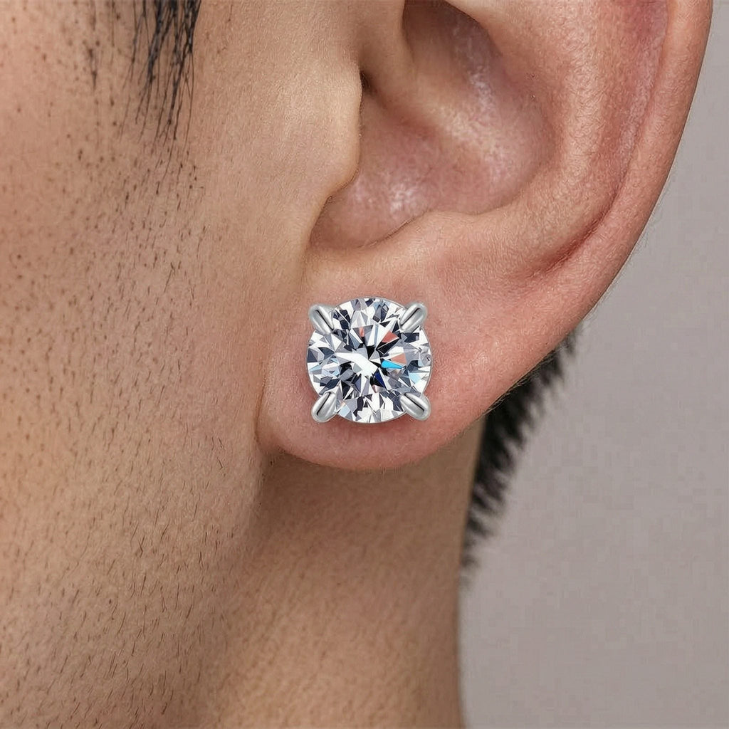 S925 Magnetic Moissanite / CZ Stud Earrings for Men Women, 1ct 6.5mm 4-Prong Round Cut, Inlaid Magnetic Earrings Non-Piercing Clip On Stud Earring