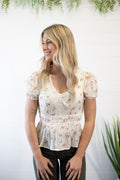 Blu Pepper "Salina" Western Crochet Lace Trim V-Neck Top — Red & Olive Floral Print