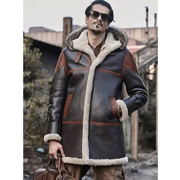 Men’s Hooded Bomber Shearling Leather Jacket Trench Coat