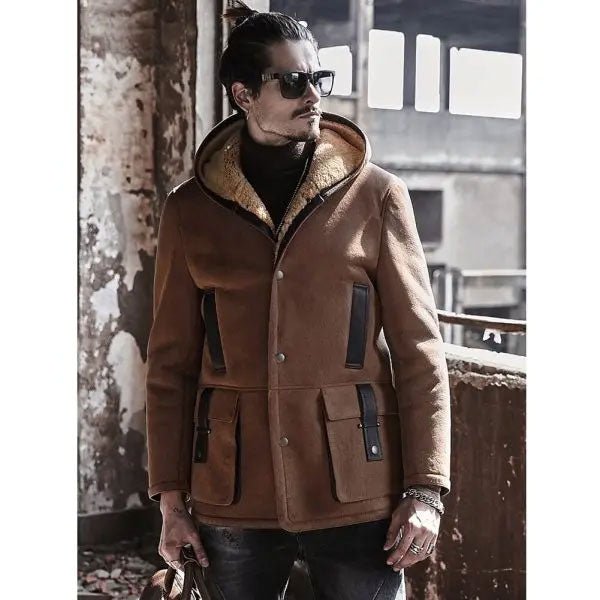 Men’s Shearling Hooded Suede Leather Bomber Long Jacket Trench Coat