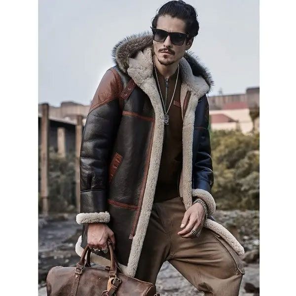 Men’s Hooded Bomber Shearling Leather Jacket Trench Coat