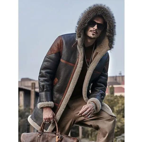 Men’s Hooded Bomber Shearling Leather Jacket Trench Coat
