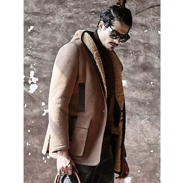 Men’s Shearling Hooded Suede Leather Bomber Long Jacket Trench Coat