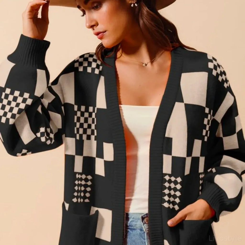 Checkered Open Front Cardigan with Pockets