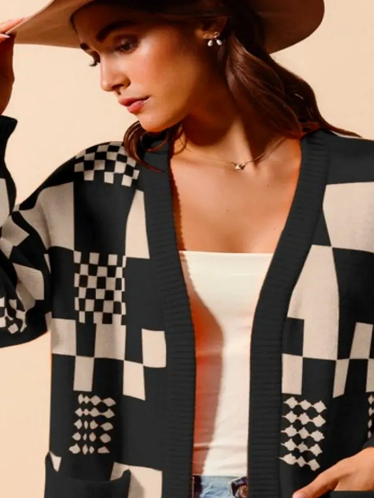 Checkered Open Front Cardigan with Pockets