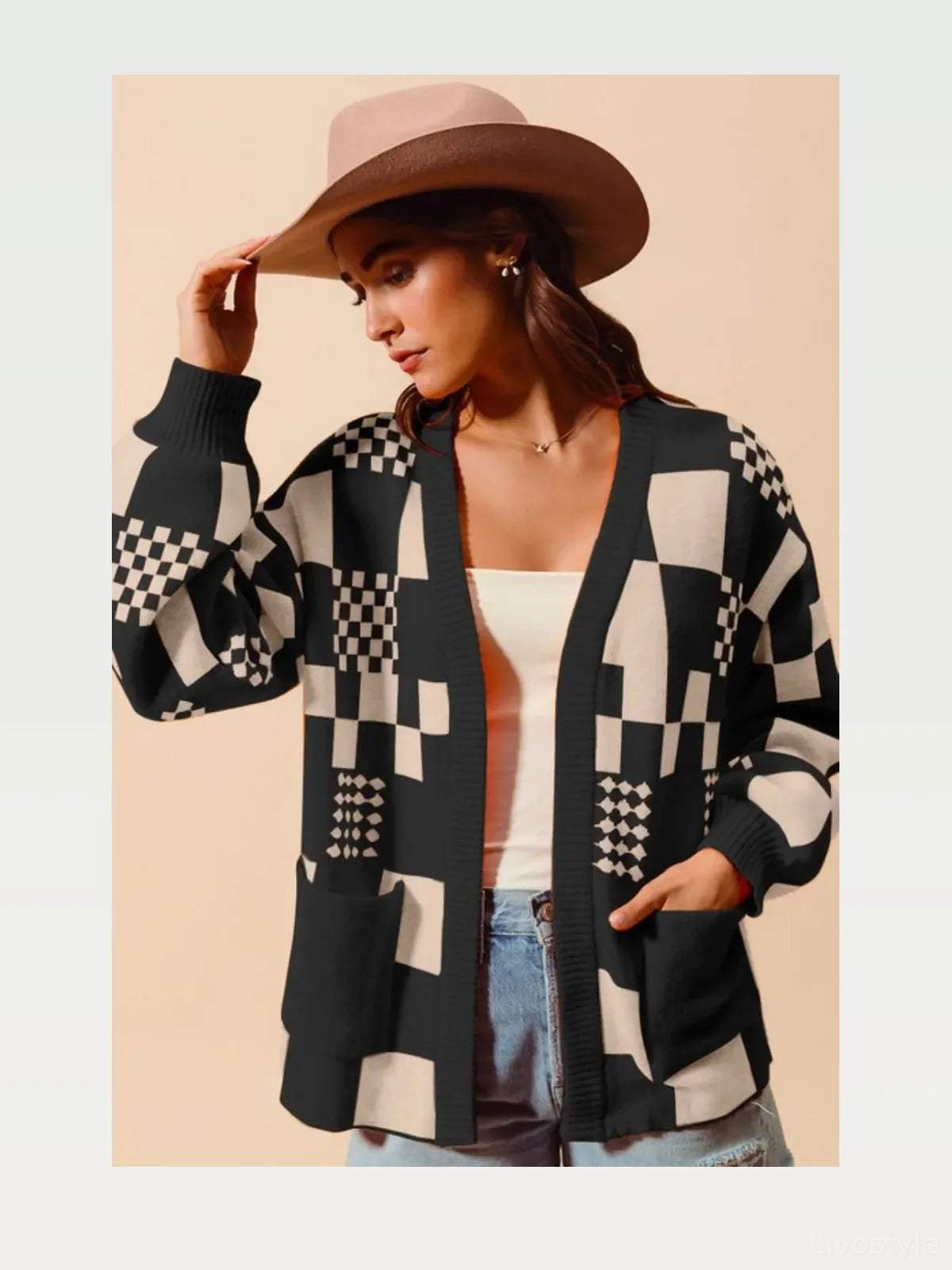 Checkered Open Front Cardigan with Pockets