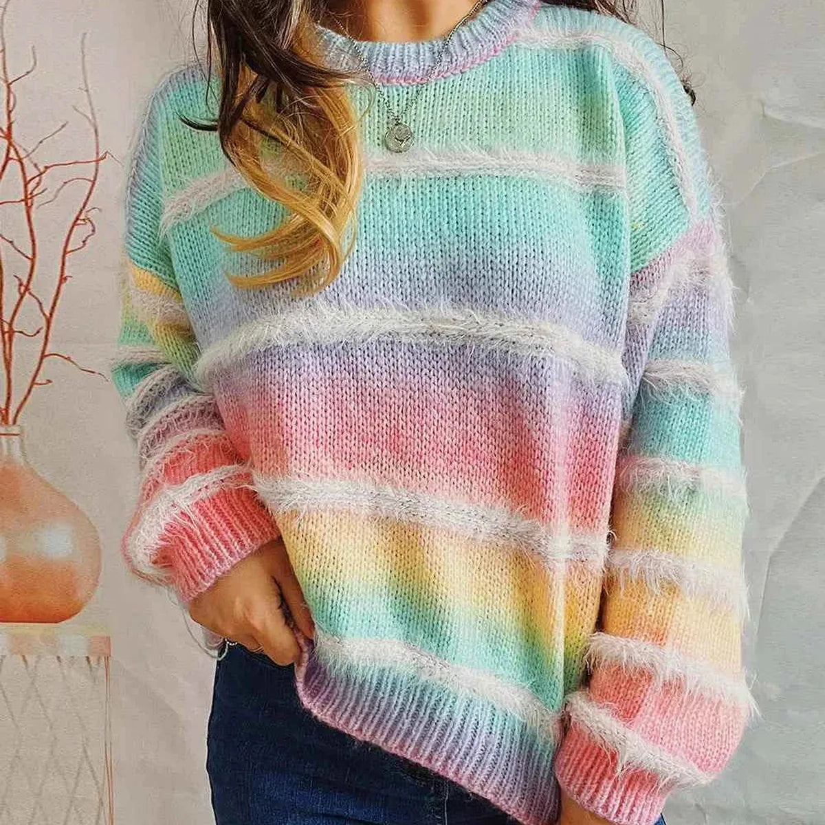 Multicolor Pastel Rainbow Striped Round Neck Long Sleeve Sweater