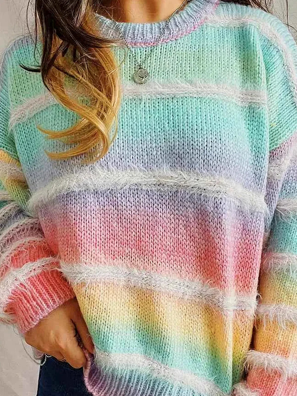 Multicolor Pastel Rainbow Striped Round Neck Long Sleeve Sweater