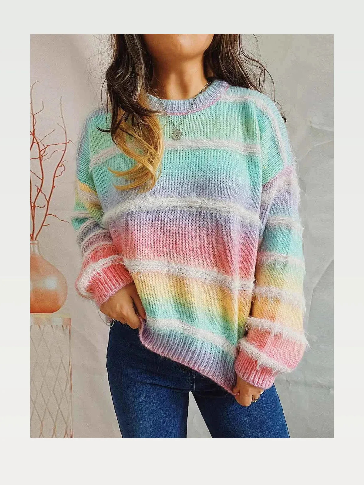 Multicolor Pastel Rainbow Striped Round Neck Long Sleeve Sweater
