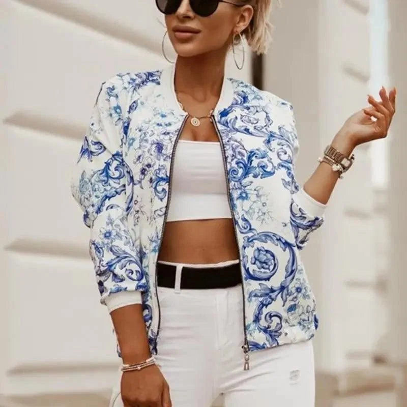 Stunning Flower Print Long Sleeve Women's Bomber Jacket Fashionable Zipper Up Vintage Coat Tops Elegant Slim Basic Ladies Jackets Outwear