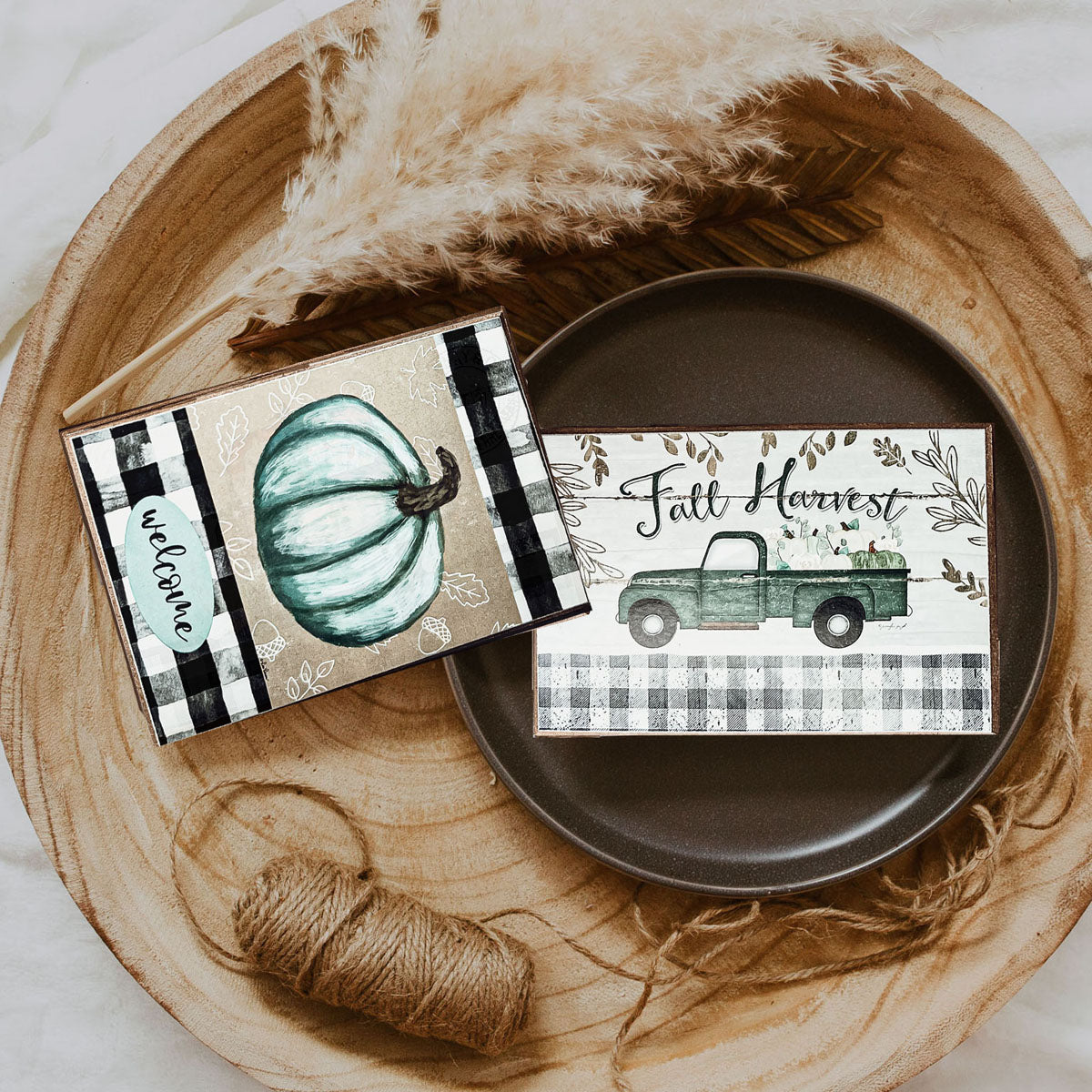 Teal Pumpkin Welcome Sign 6x4x1 Handmade Wood Halloween Gingham Accent
