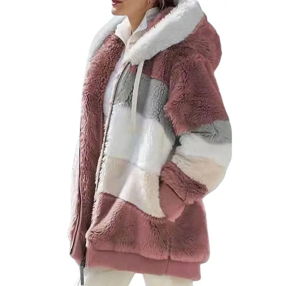 Plus Size Jacket Women Autumn Winter Long Sleeve Color Block Zipper Fluff Hooded Warm Coat Jacket