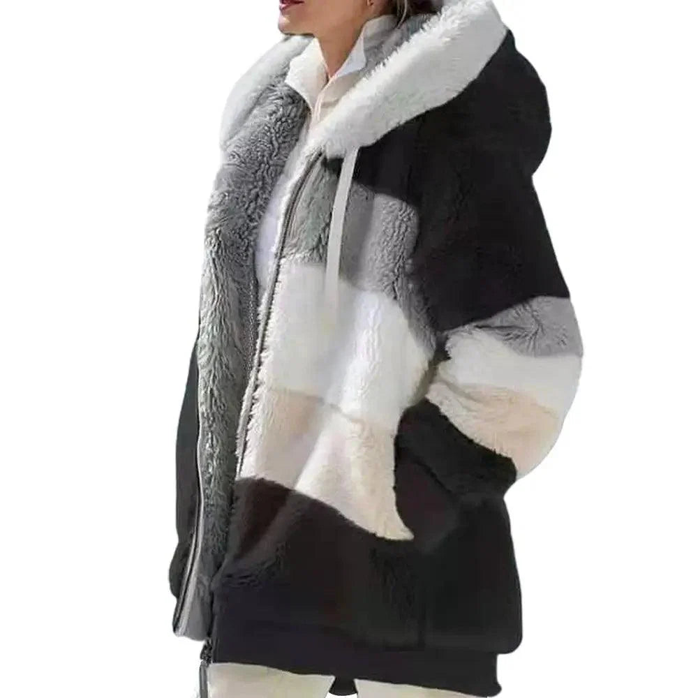 Plus Size Jacket Women Autumn Winter Long Sleeve Color Block Zipper Fluff Hooded Warm Coat Jacket