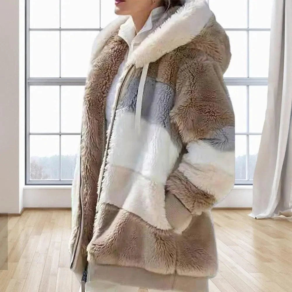 Plus Size Jacket Women Autumn Winter Long Sleeve Color Block Zipper Fluff Hooded Warm Coat Jacket