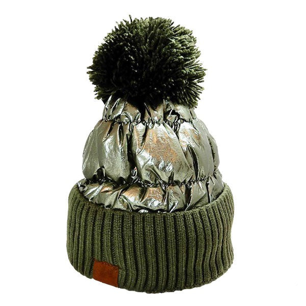 Women's Winter Cozy Puffer Knit Pom Glossy Beanie Hat